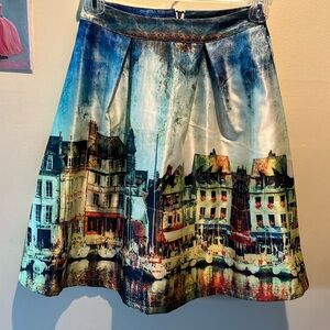 Gumuxi   French Satin  pleated skirt   Self lined  Old town Venice print  Size S
